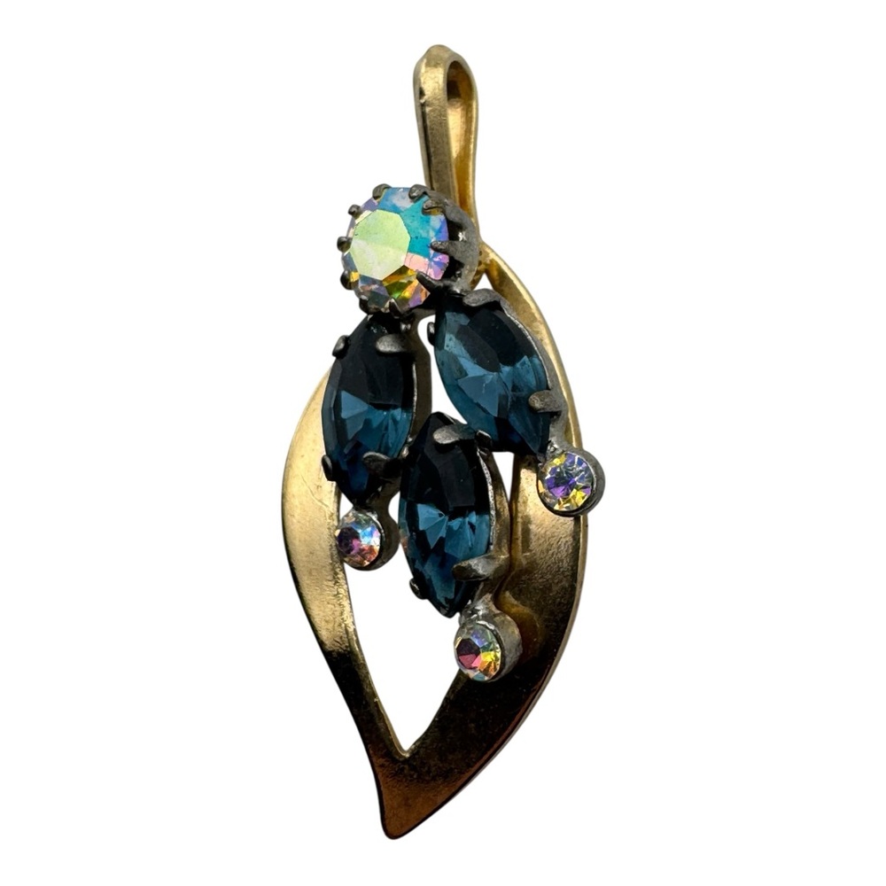 Vintage Gold Tone Leaf Pendant Blue‎ Marquise Aurora Borealis Rhinestones 1.5” - Picture 2 of 5